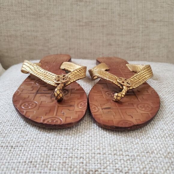 Tory Burch Thora Tumbled Gold Snake Print Sandals Sz 6 - Picture 2 of 10
